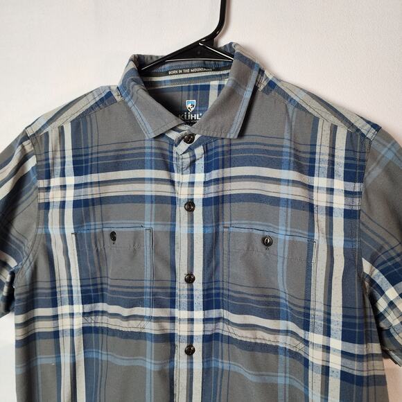Kuhl Blue and Gray Plaid Short Sleeve Button Up Collared Shirt | Men's Small - Picture 3 of 13